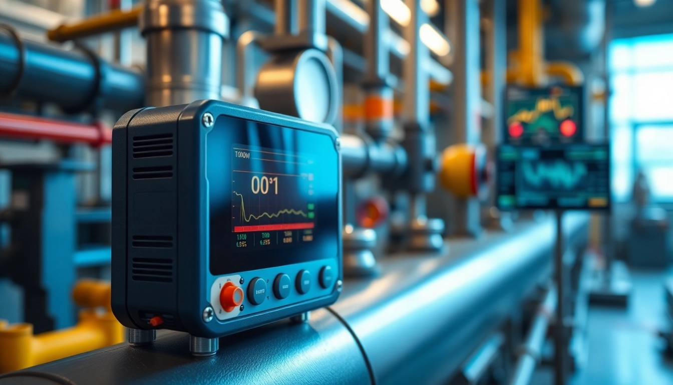 Monitor for sulfur dioxide prominently displayed in an industrial environment with safety gear.