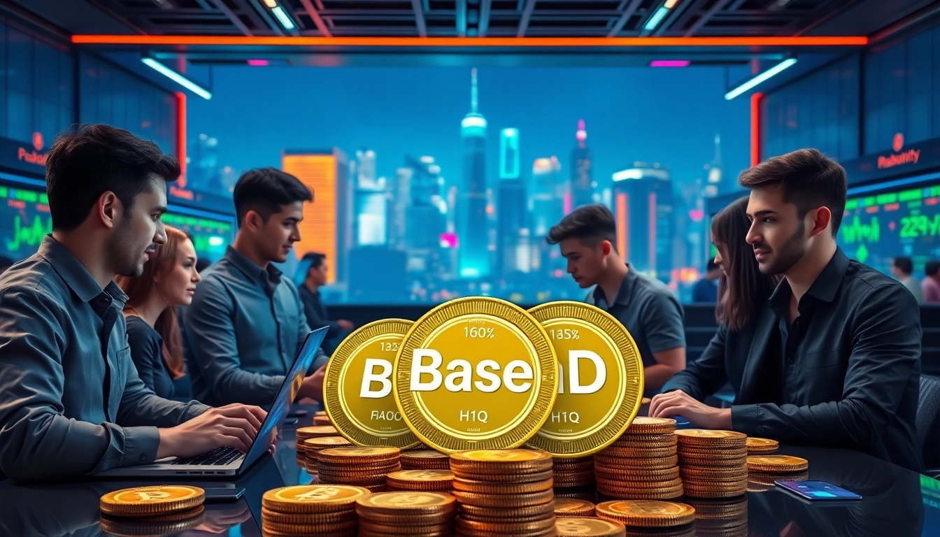 Investors discussing strategies to buy BasedChadHQ coin in a vibrant cryptocurrency trading environment.