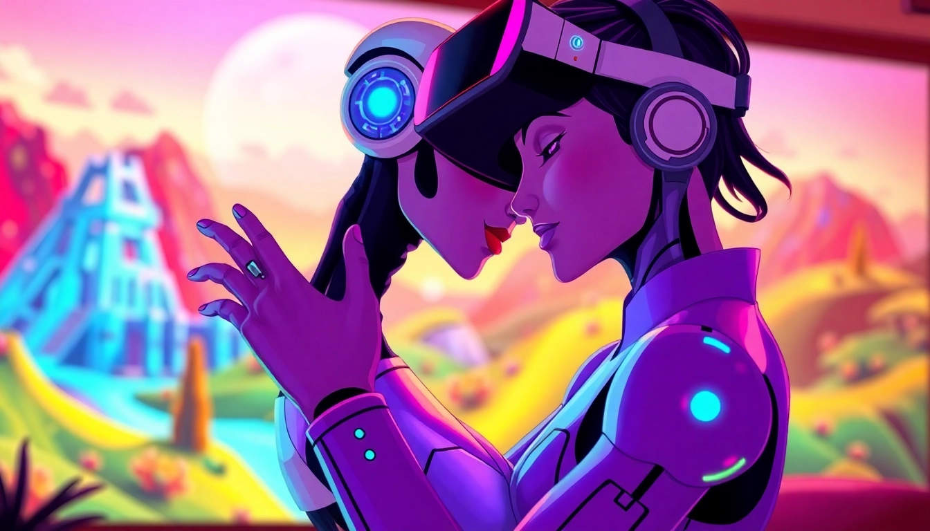 Engage in character AI sex with an interactive AI in a vibrant, digital landscape.