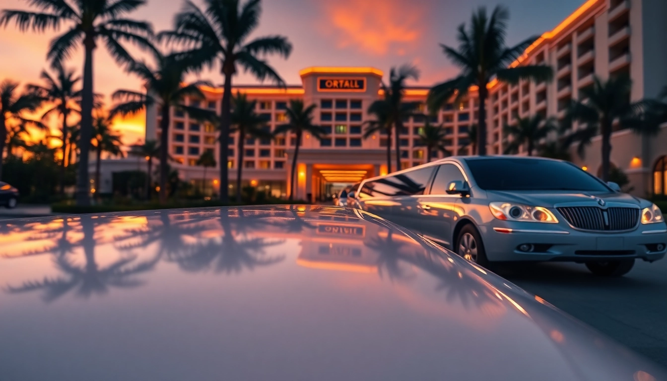 Experience a luxury limo Orlando amidst a stunning sunset backdrop by a high-end hotel.