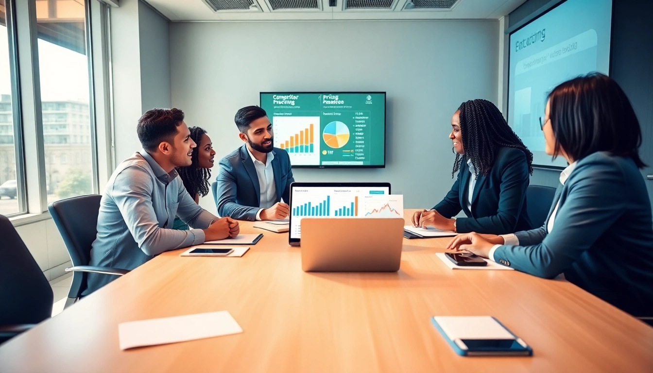 Engage in competitor pricing research with a diverse team analyzing data in a professional office setting.