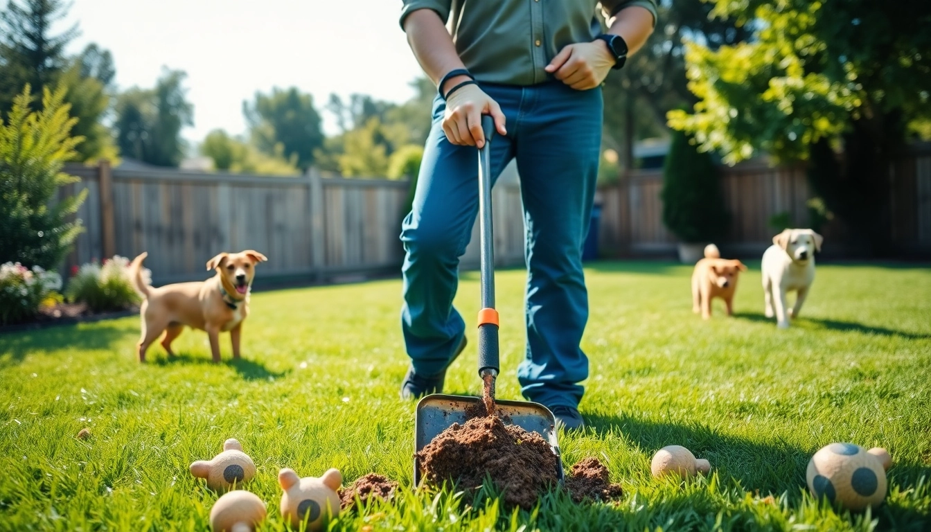 Engaging weekly dog poop scooping service professional in a sunny backyard with playful dogs.