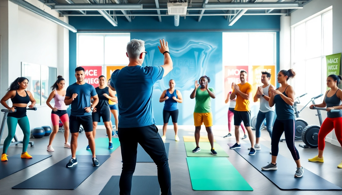 Participants engaging in gym group training with guidance from a trainer.