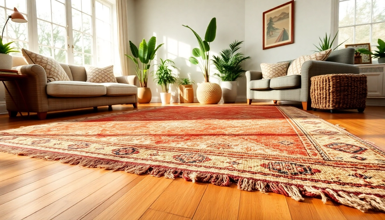 Showcasing Boujaad vintage rugs in a stylish living room setting highlighting intricate patterns and warm colors.