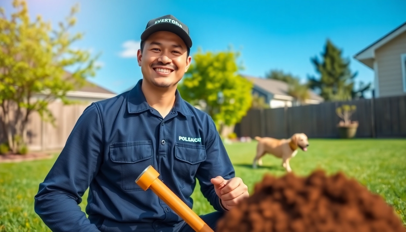 Offering dog poop pickup services with professional staff in a clean yard setting.