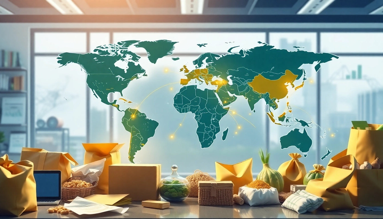 Visual representation of export tariffs showcasing trade routes on a world map with diverse goods.