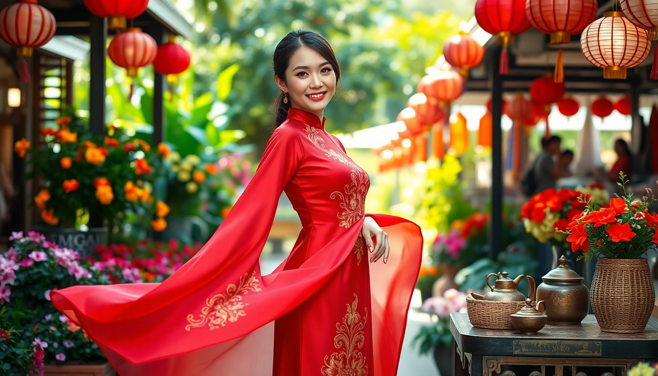 Model showcasing a stunning Vietnamese Áo Dài at a vibrant outdoor market.