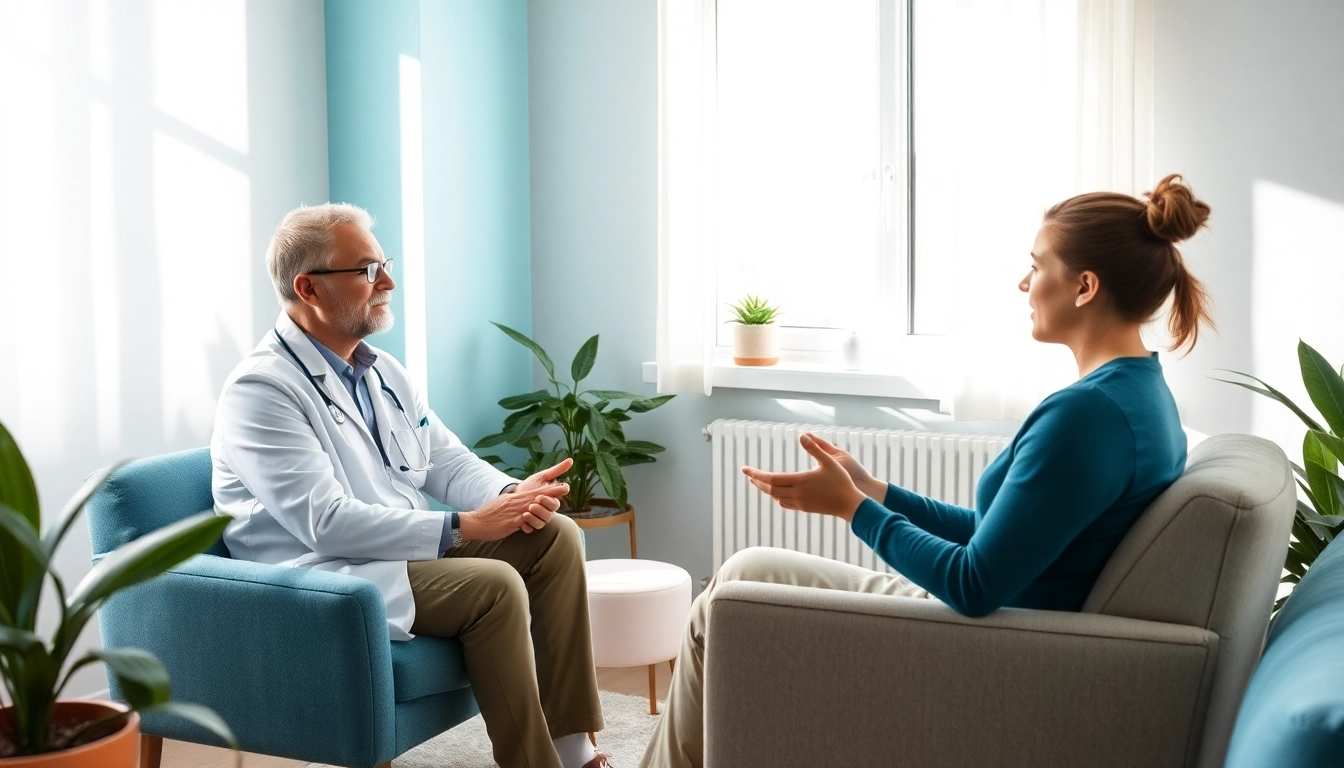 Therapist and client engaging in discussion about dealing with depression in a calming therapy room.