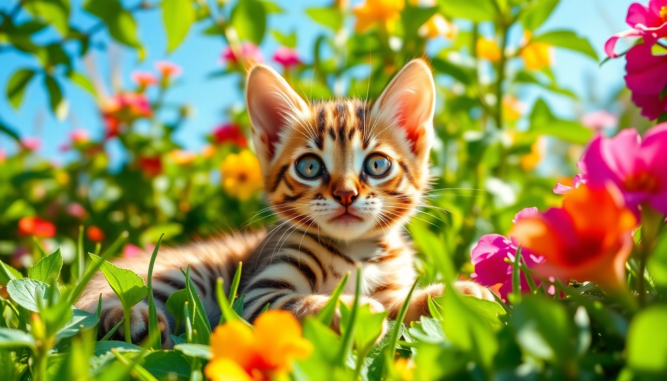 Bengal Breeders Orange County showcase a playful kitten in a vibrant garden setting.