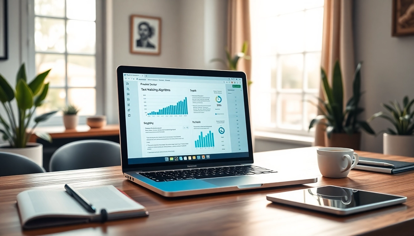 View of a professional plagiarism detector software on a laptop in a bright home office setting.