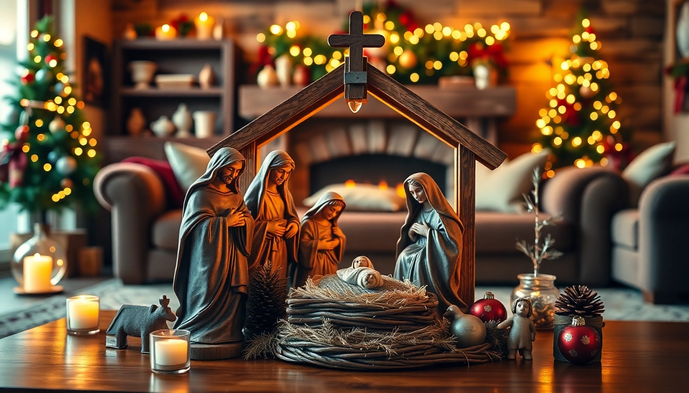 Displaying nativity sets, a beautifully detailed scene of the Holy Family in a warm Christmas setting.