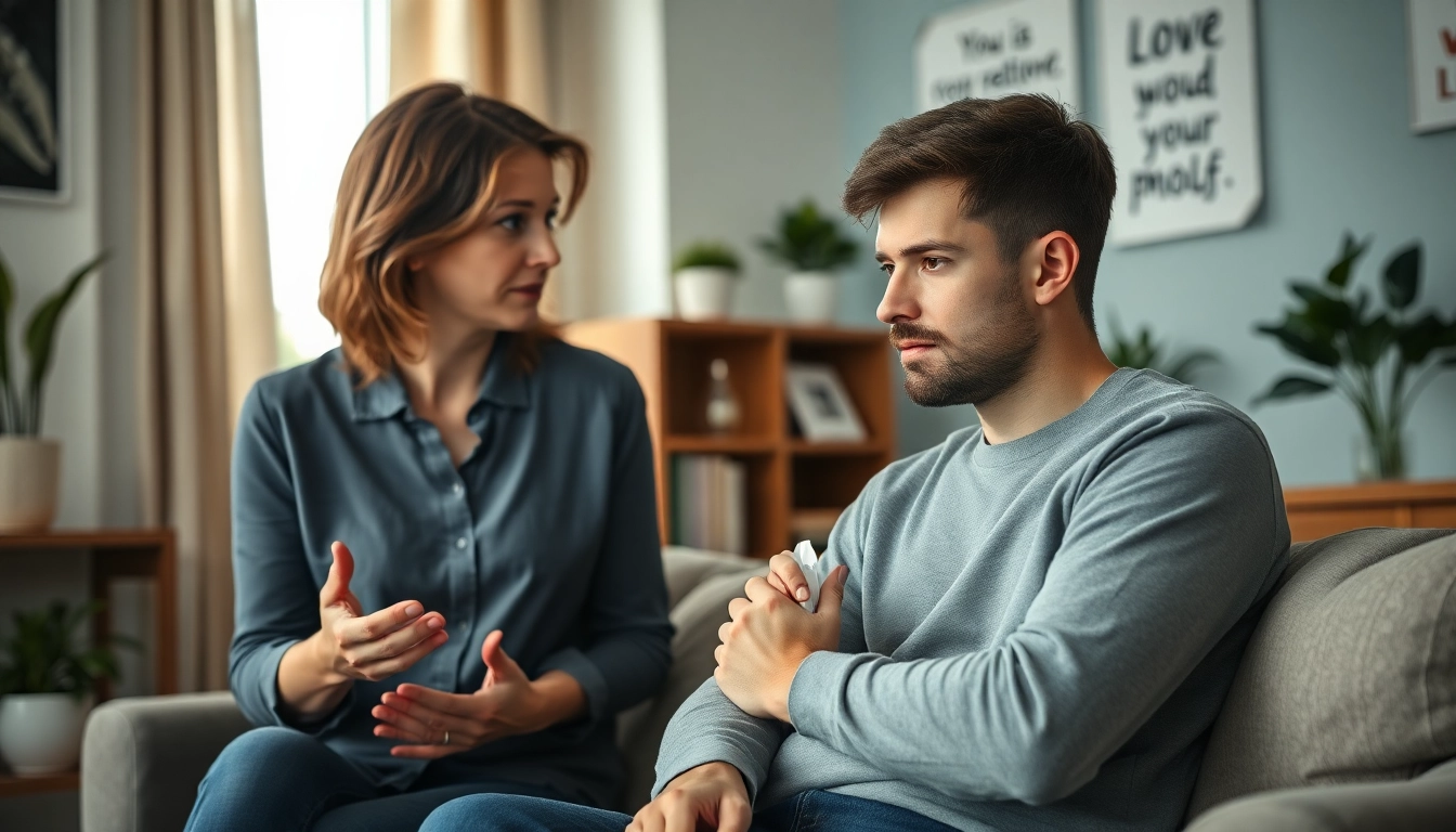 Therapist supporting a client dealing with depression in a comforting office.