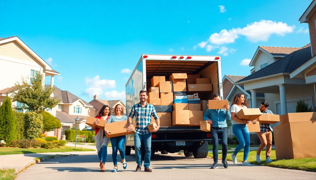 Families happily collaborating during house moves, surrounded by boxes and a moving truck.
