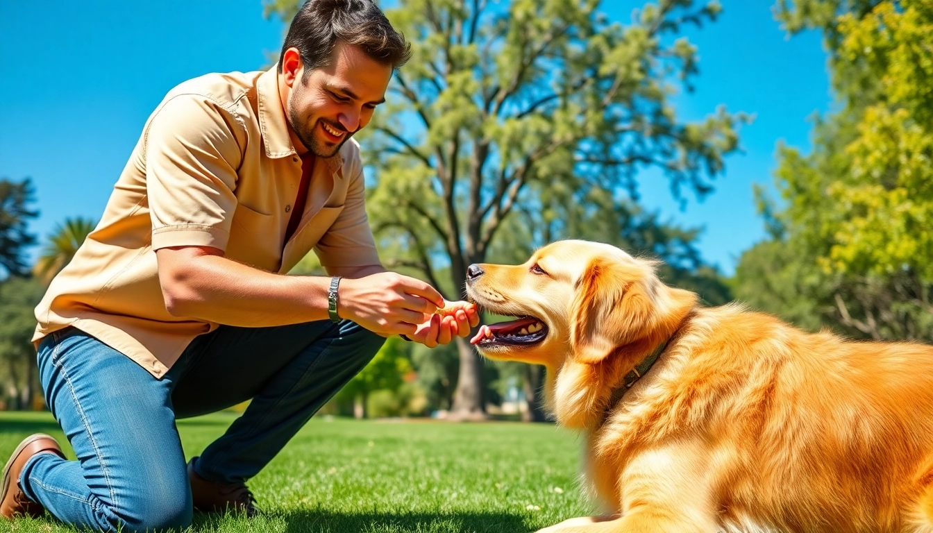 Dog Training Irvine professional trainer using positive reinforcement with a golden retriever.