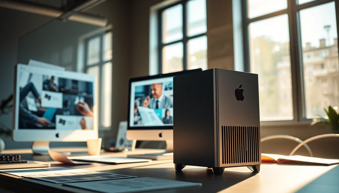 Buy Mac Pro featuring a sleek design in a modern office, perfect for creative professionals.