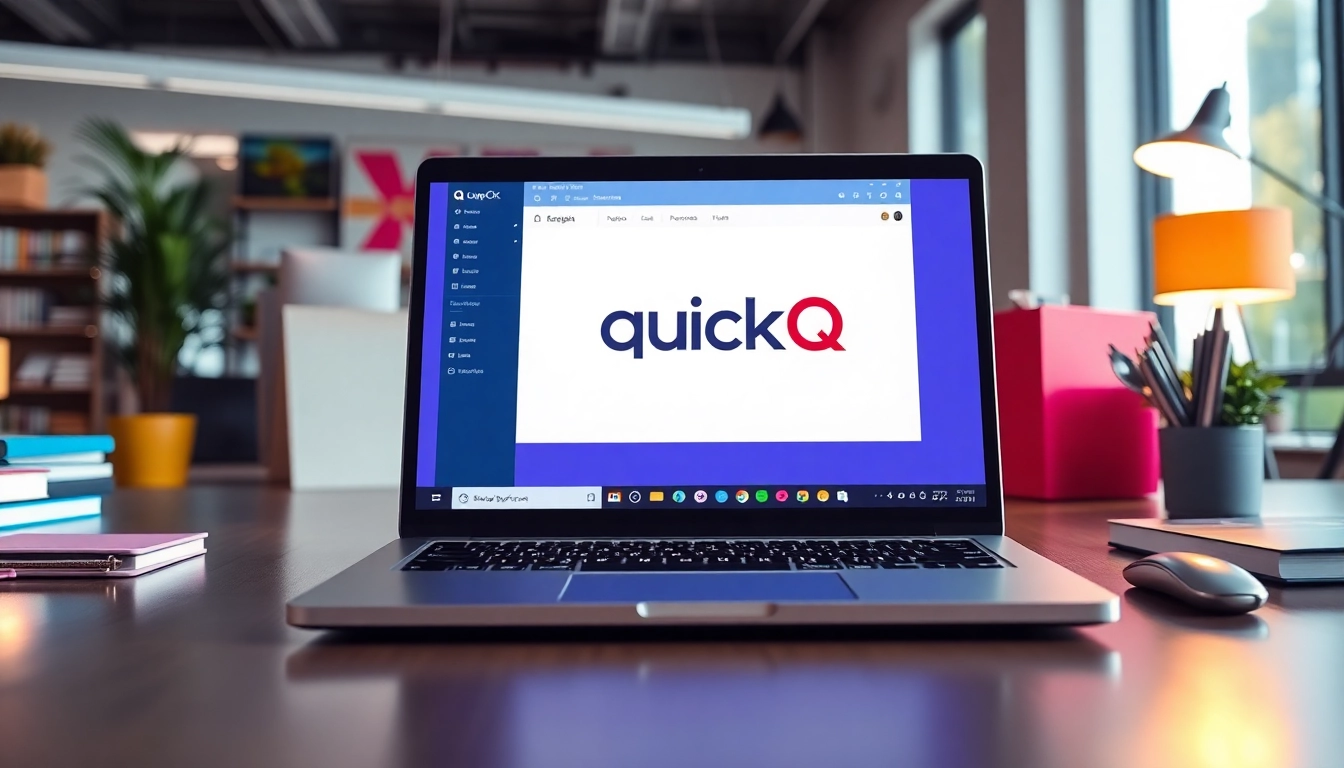 Download quickq电脑版下载 on a laptop screen showcasing a sleek interface and vibrant office elements.