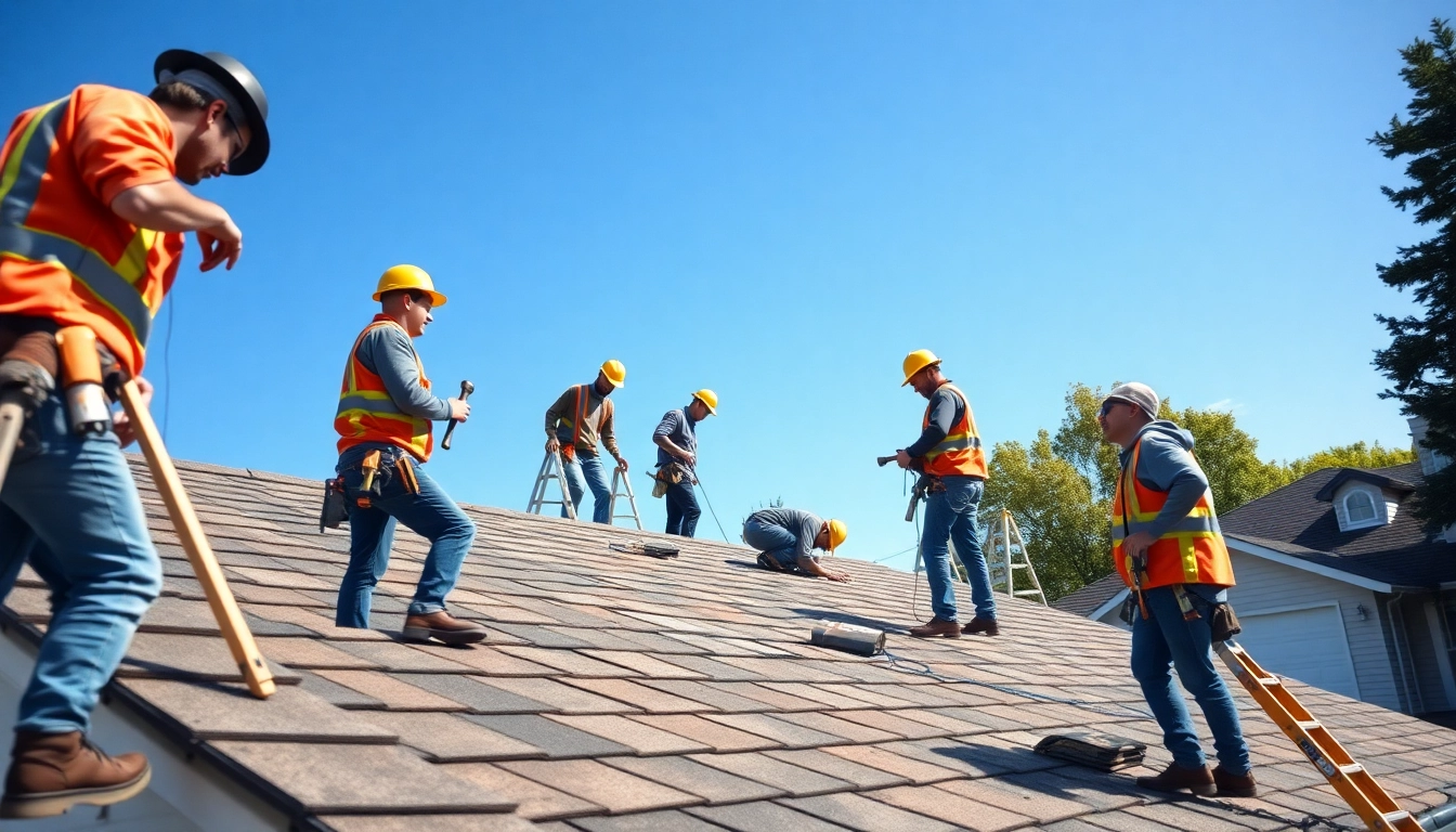 Local roofers near me repairing a home roof, showcasing professionalism and teamwork in action.