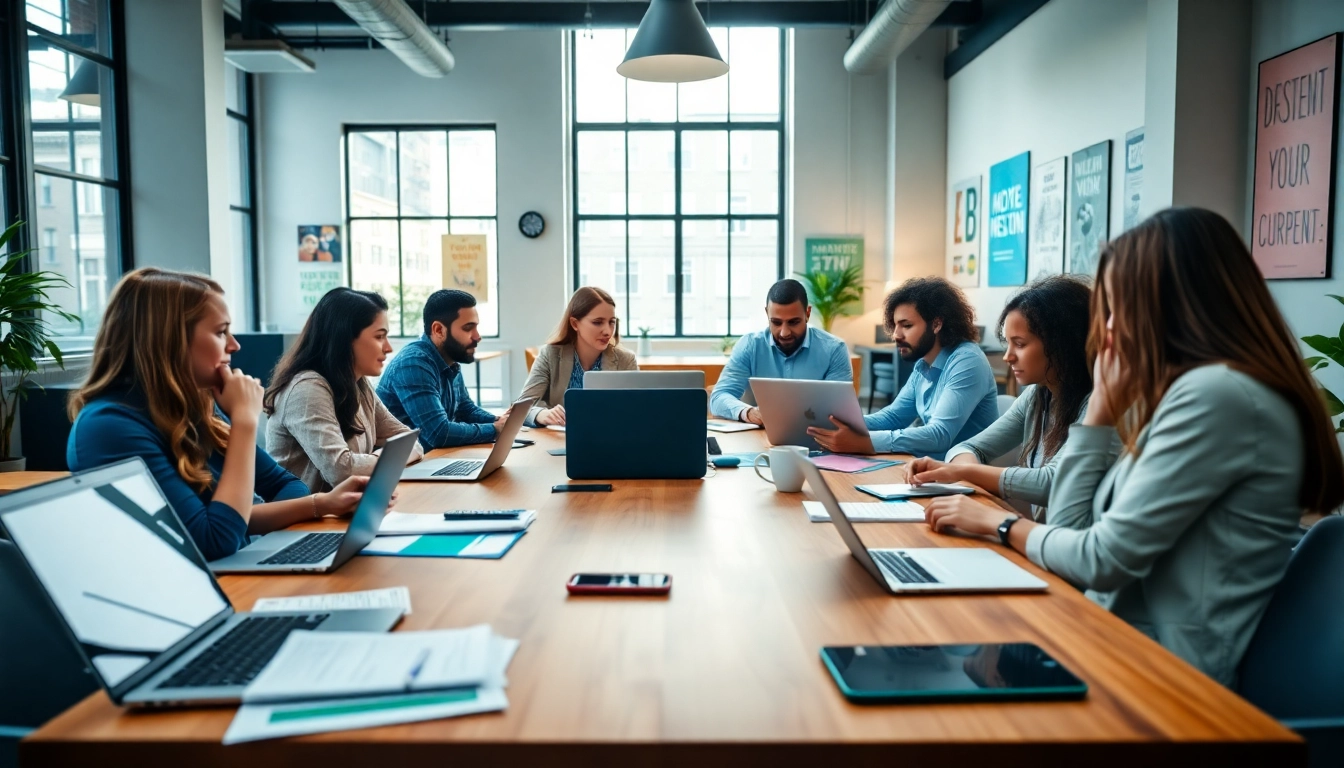 Team collaborating in a social media agency office, showcasing innovation and teamwork.
