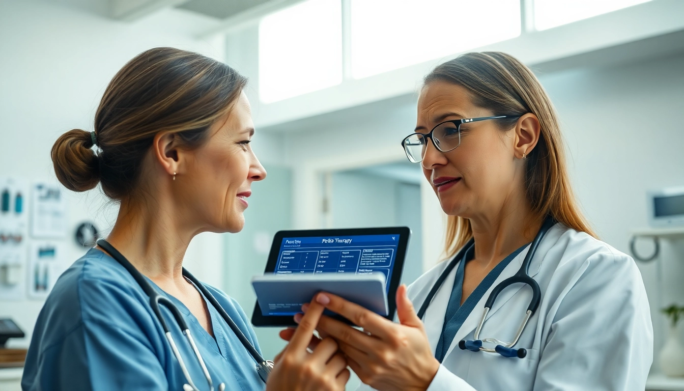 Discussing Peptide Therapy benefits in a modern clinic environment with a healthcare provider.
