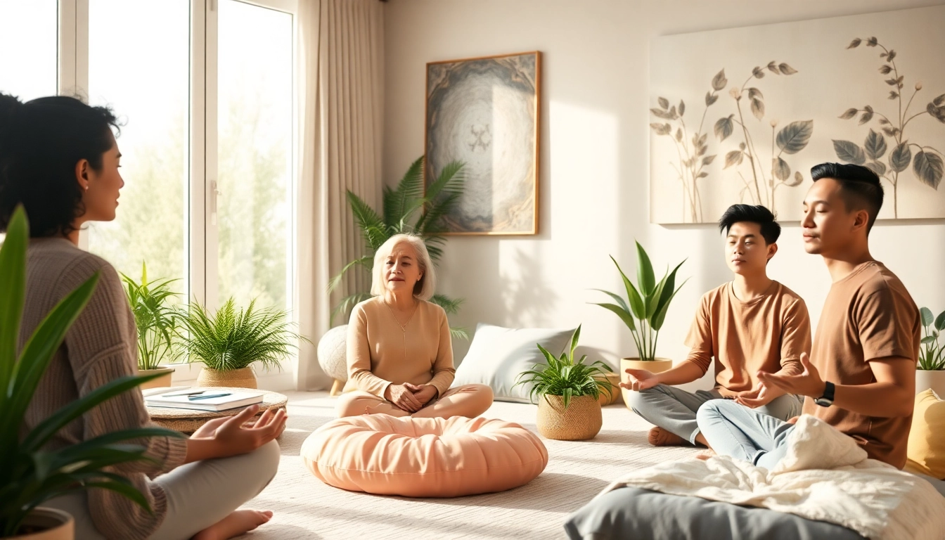Group meditation session emphasizing healing trauma in a tranquil therapy room