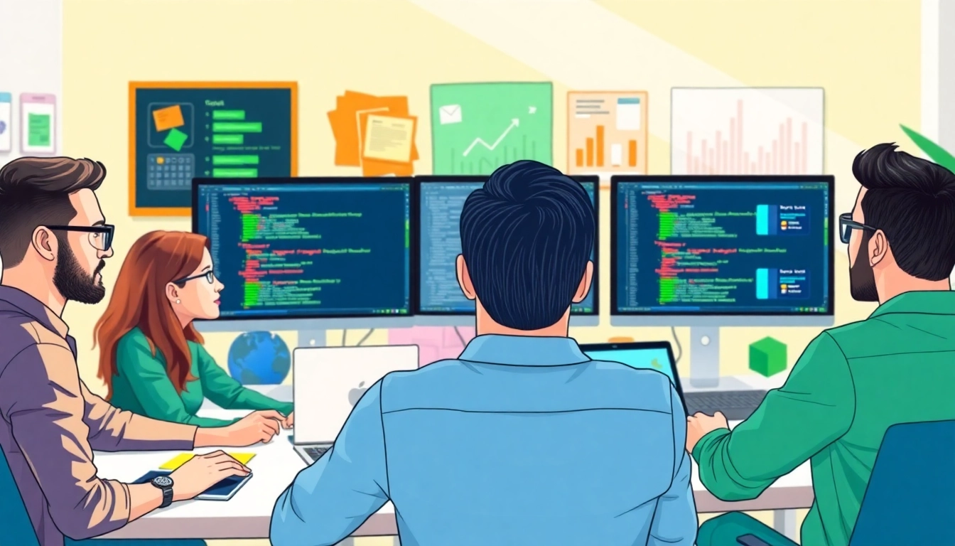Engaged web development team collaborating with vibrant workspace and modern tools.