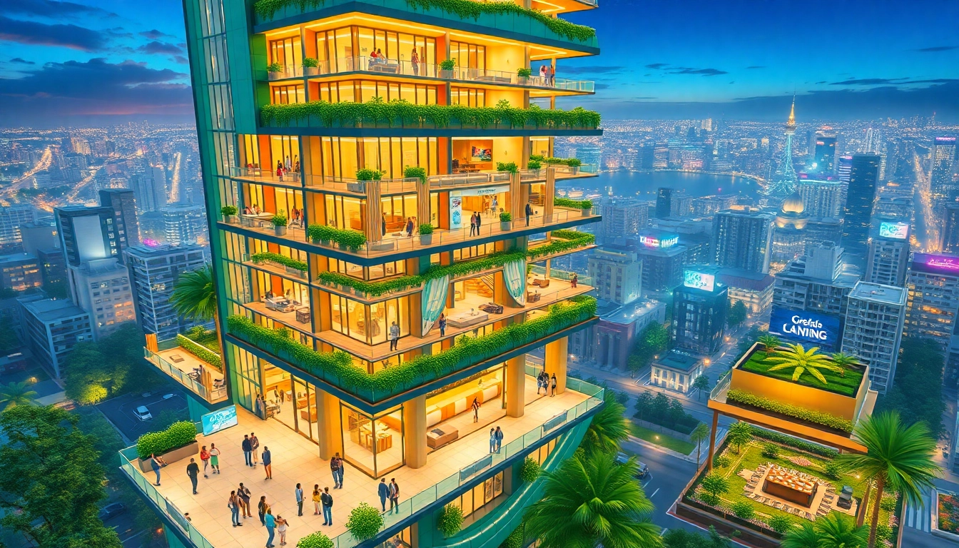 Experience the bustling life inside a sim tower with various facilities and residents enjoying their space.