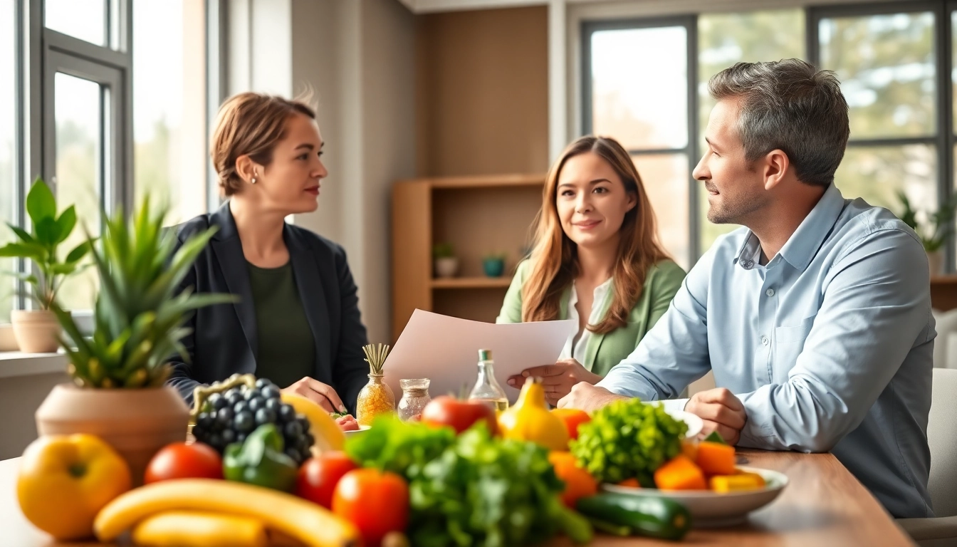 Nutritionist demonstrating strategies to reduce weight with healthy food options in a modern office.