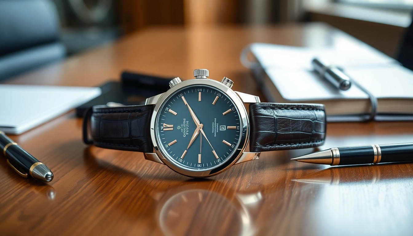 Präsentation von Herren Armbanduhren in eleganter Umgebung mit luxuriösen Details.