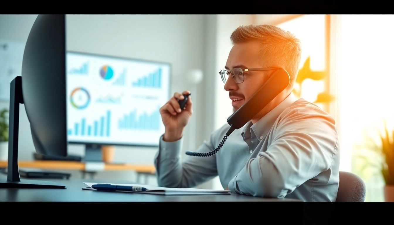 Engaging in telephone data collection, a researcher conducts an interview in a professional office setting.