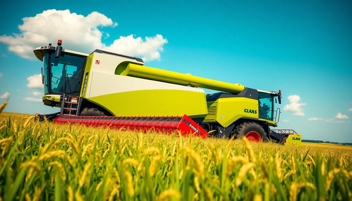 Claas Mähdrescher erntet goldenen Weizen in einem leuchtend grünen Feld.