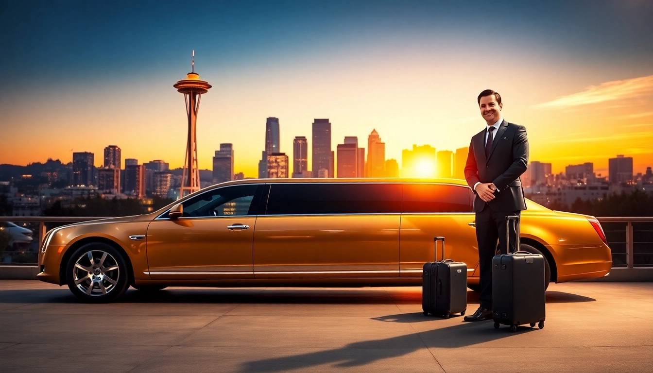 Experience Vancouver to Seattle Limo Service with a luxurious limo against the Seattle skyline.