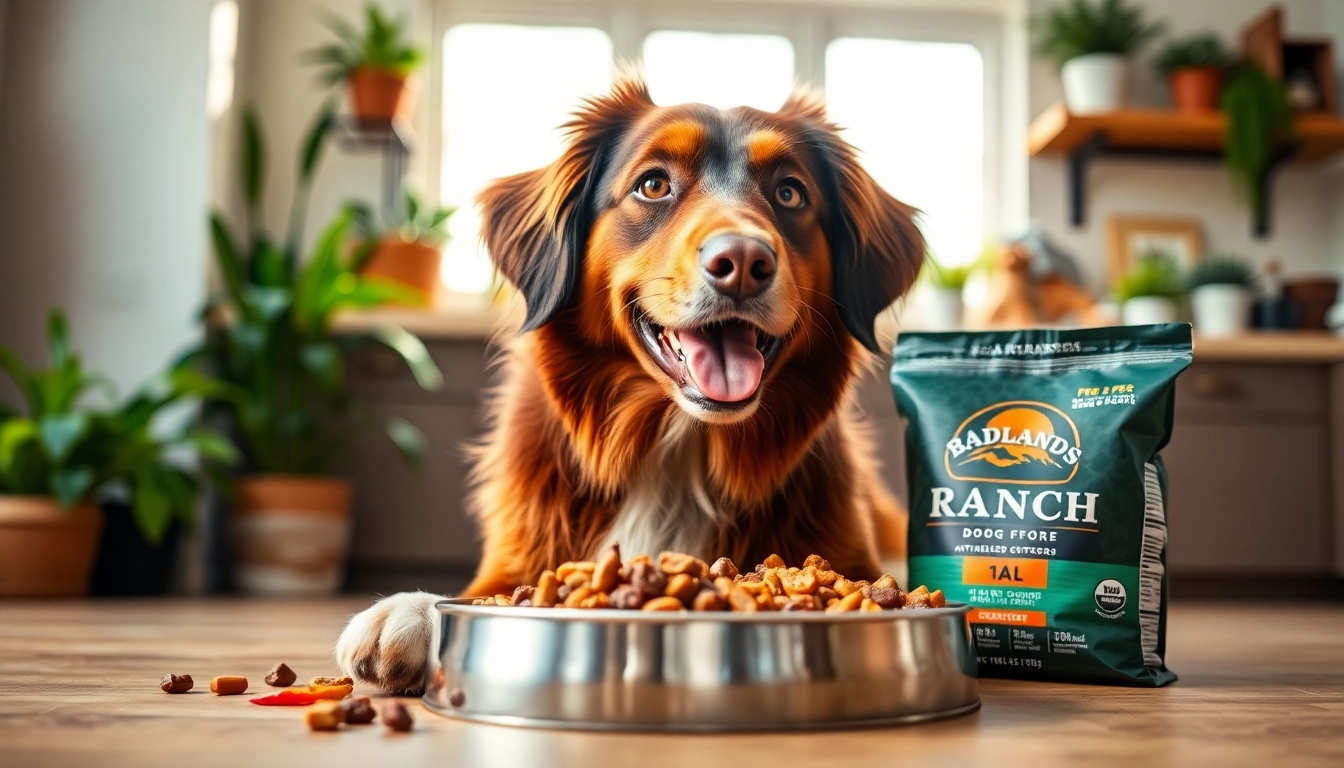 Healthy dog savoring badlands ranch dog food in a cozy home environment.