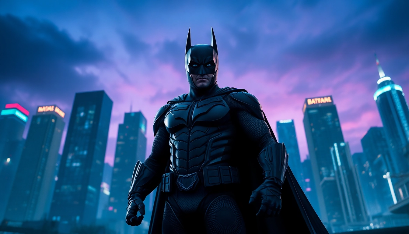 Bermain game batman138 dengan karakter pahlawan di kota futuristik yang penuh cahaya neon.