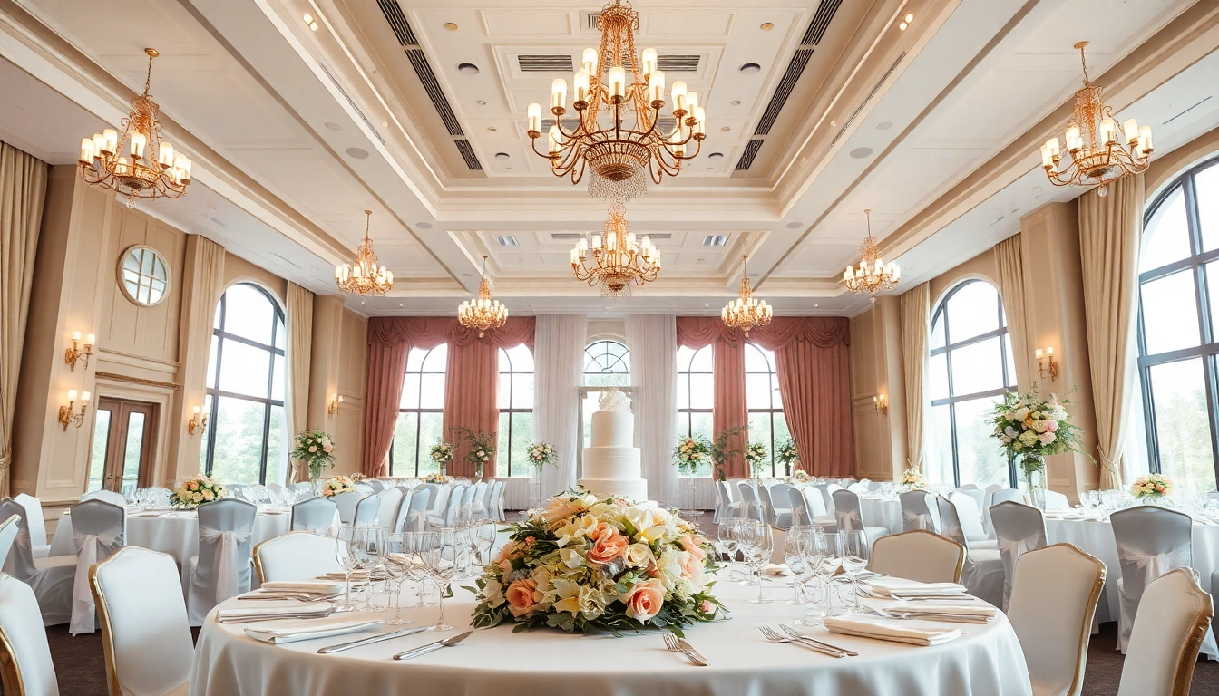 Experience the elegance of le prestige hall with beautifully set dining tables and sophisticated decor.