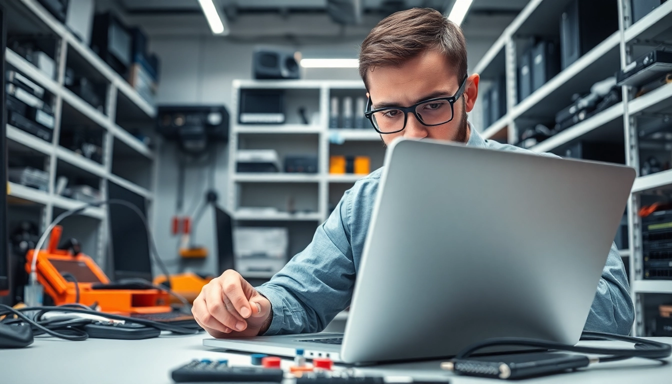 Technician performing computer repair on a laptop in a professional workspace.