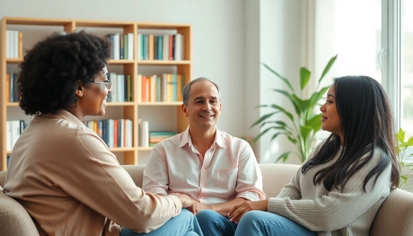 Attachment theory specialist guiding a diverse couple through therapy in a serene environment.
