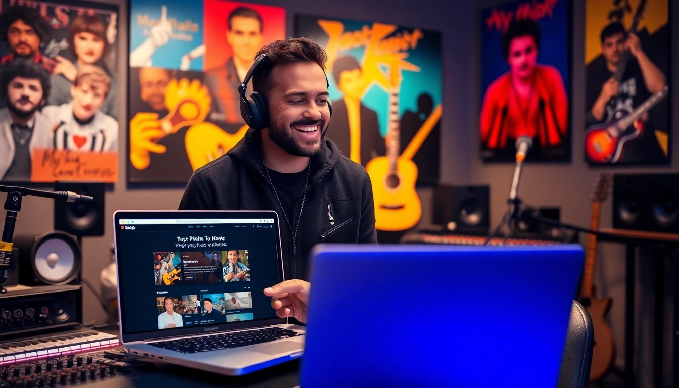 Engaging in music pitching, a musician presents their track in a contemporary studio environment.