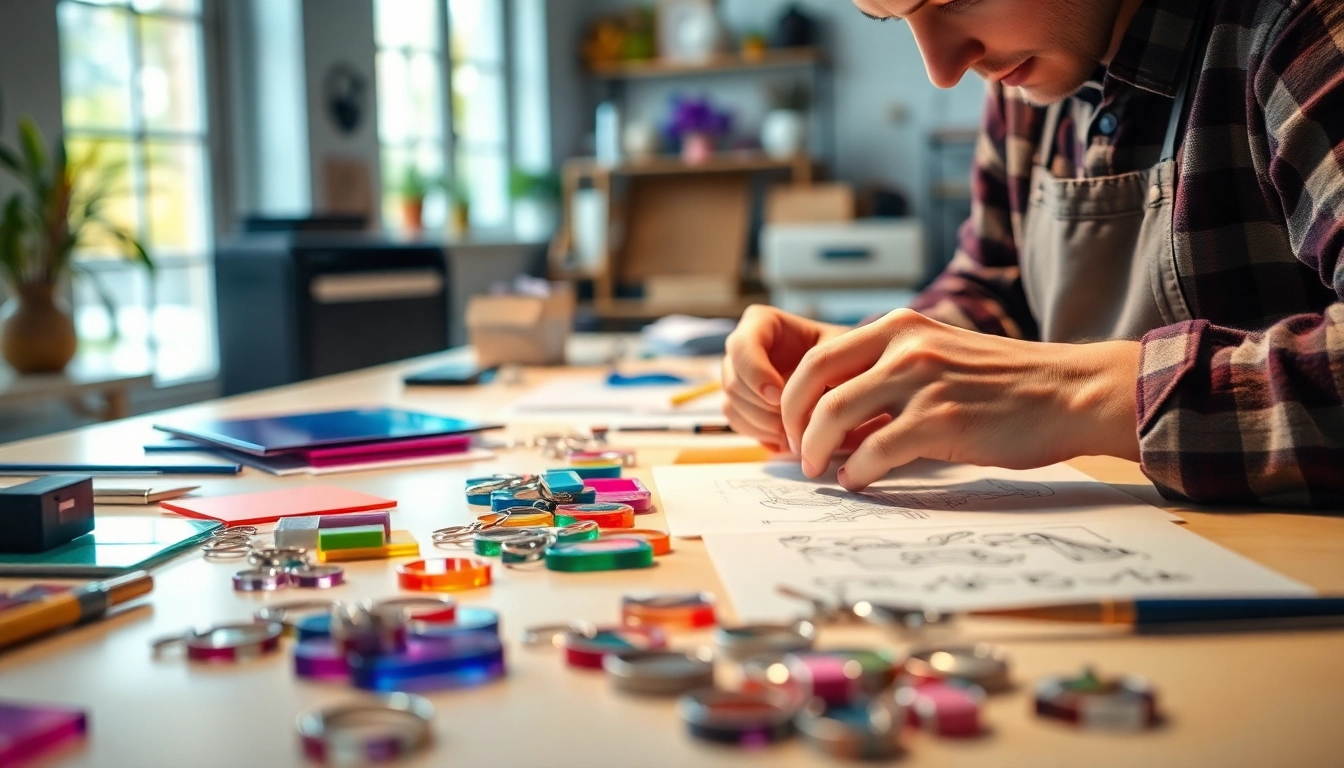 Acrylic keychain maker crafting vibrant, custom keychains in a bright workspace.