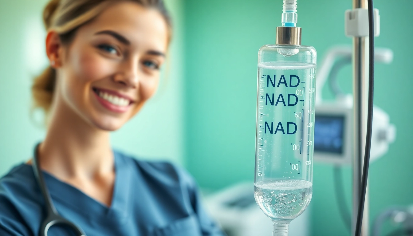 NAD IV therapy cost detailed in a soothing medical setting with a nurse administering treatment.