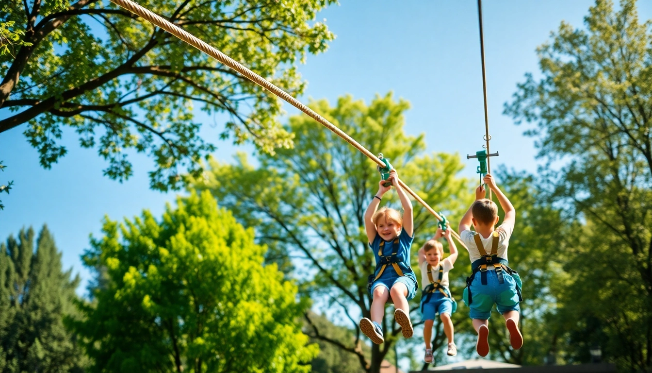Children enjoying ZIP WIRE KITS in a vibrant backyard setting with safety equipment.