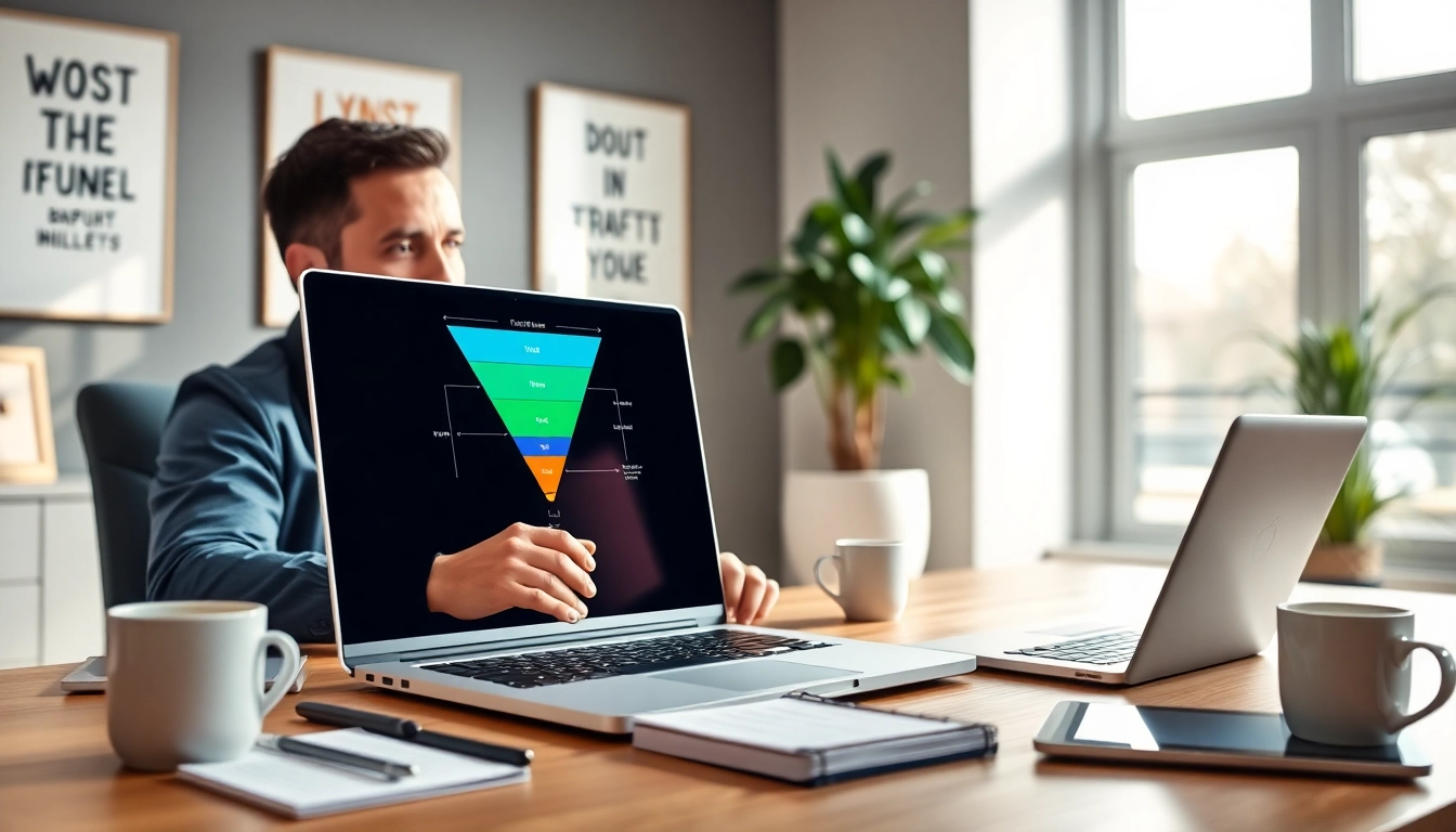 Business coach analyzing Funnels for coaches in a bright office setting with modern equipment.