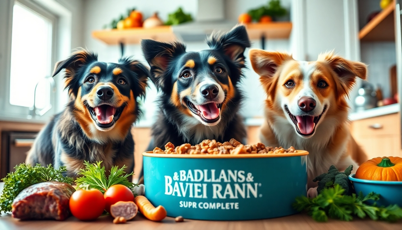 Dogs enjoying badlands ranch superfood complete in a bright kitchen with fresh ingredients.