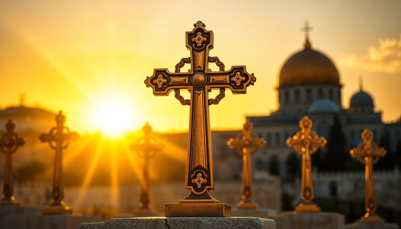 Admire the Jerusalem crosses featured prominently against the backdrop of historic architecture.