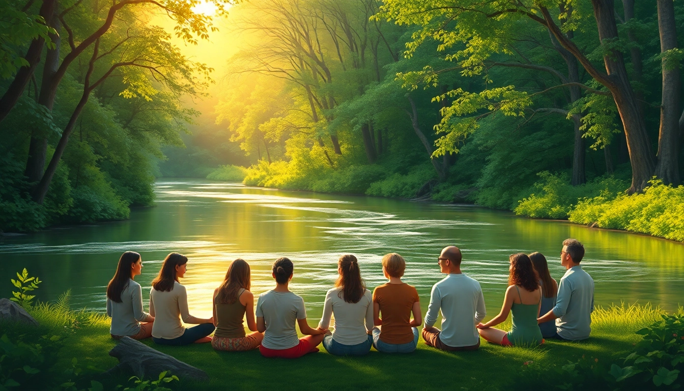Supporting community circle focused on healing trauma in a tranquil, natural setting.