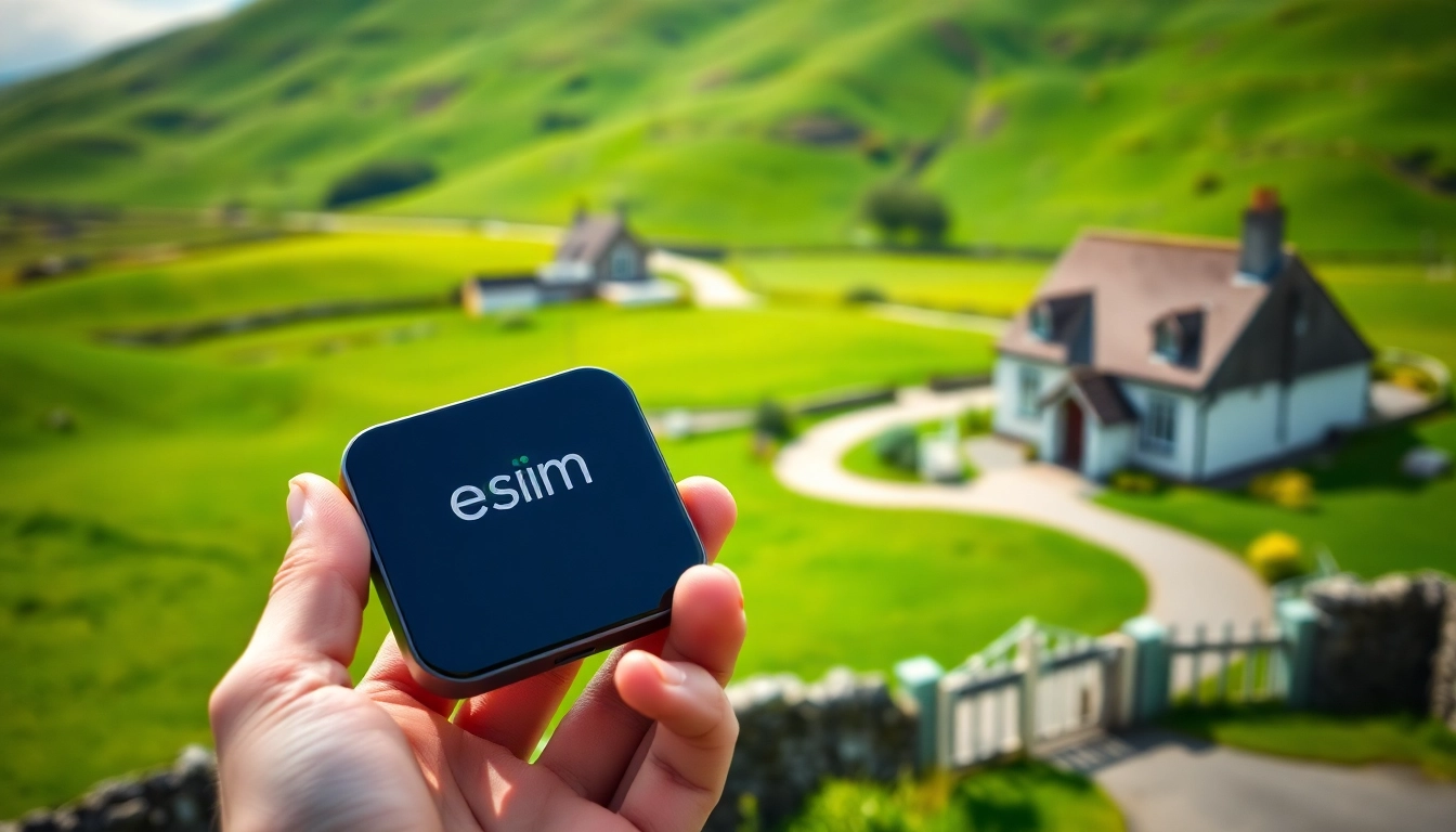 Utilizing esim Ireland technology in a picturesque Irish landscape featuring green hills.