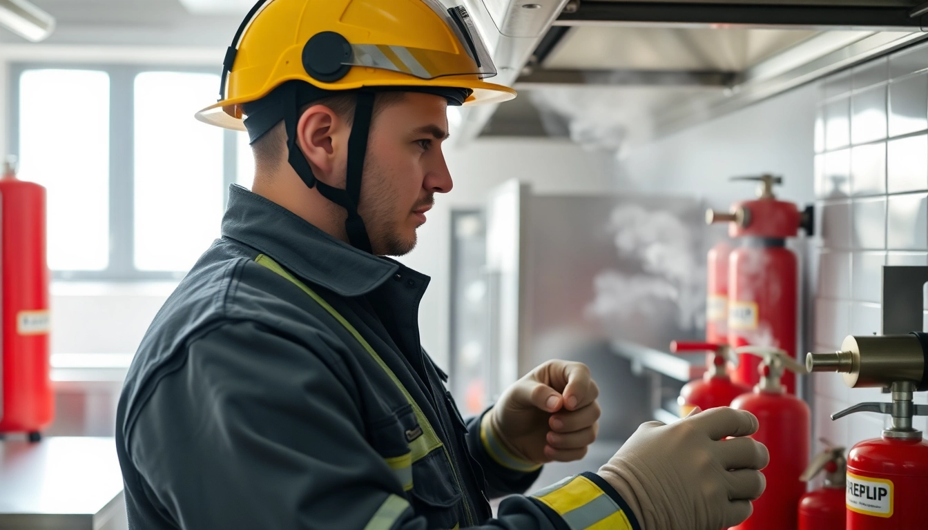 Offering fire suppression service, a technician inspects equipment in a commercial kitchen.