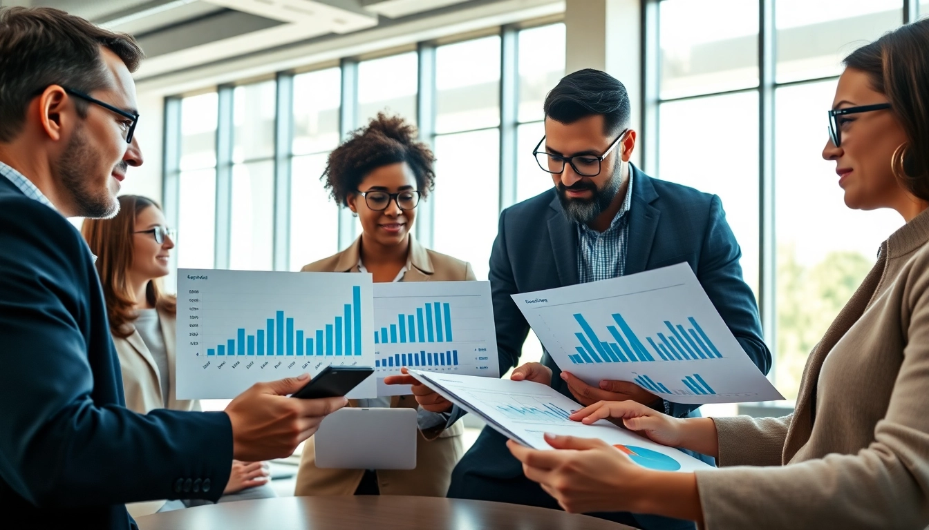 Analyze competitor pricing strategies with a diverse team in a professional office.