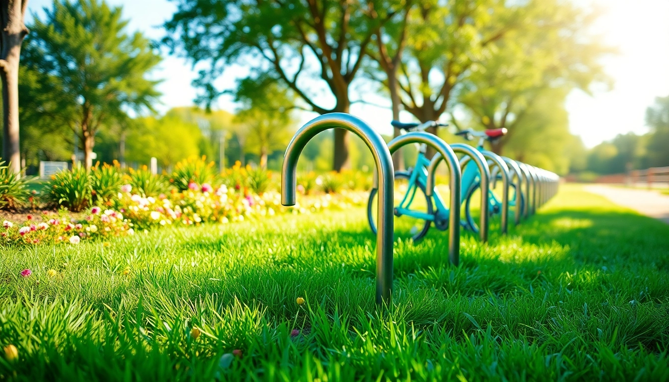 Showcase of a modern bike rack in a scenic urban park, highlighting sleek design and outdoor appeal.