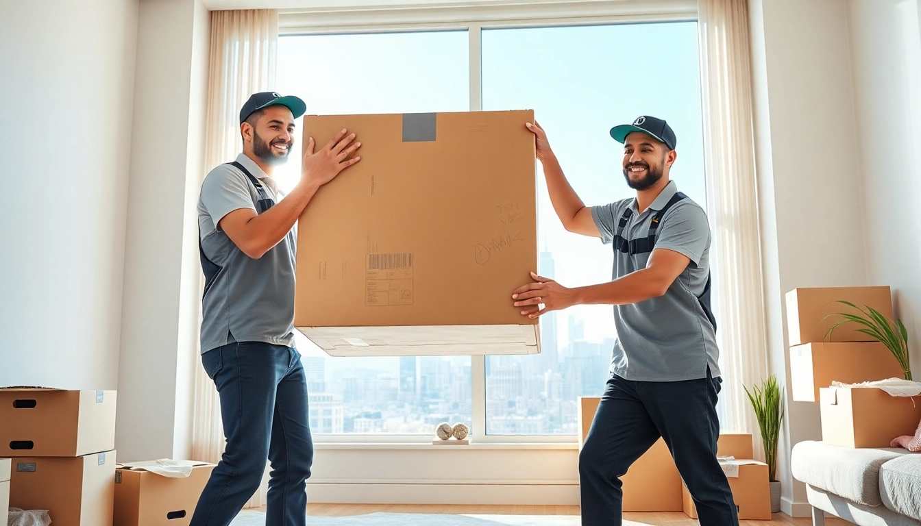 Movers carrying a box in a bright Manhattan apartment illustrating a Manhattan moving company.