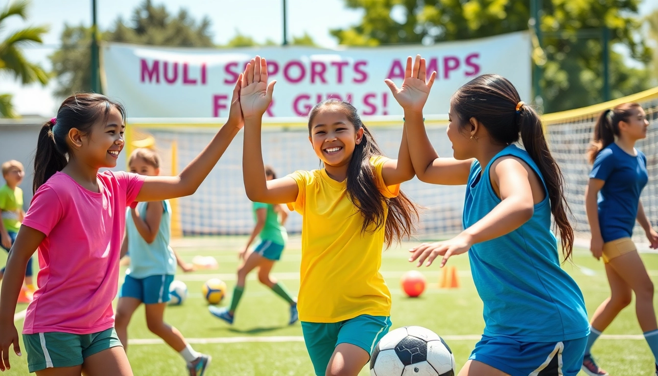 Girls participating in Multi Sports Camps for Girls, displaying teamwork and joy in a vibrant outdoor setting.